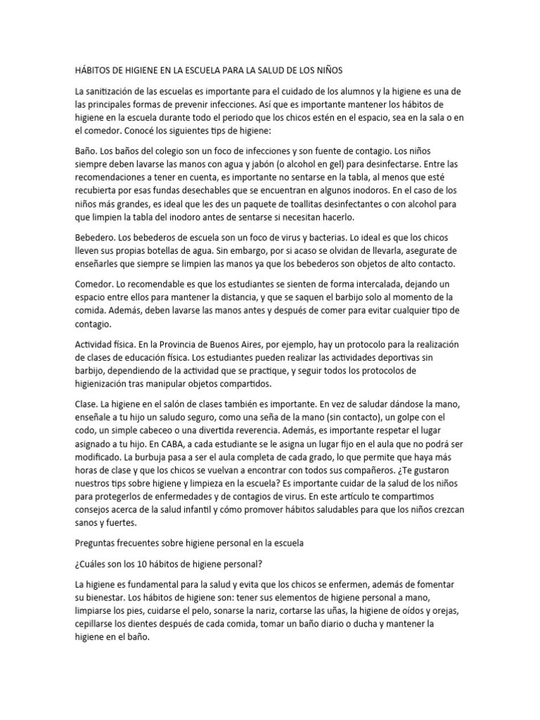 HÁBITOS DE HIGIENE EN LA ESCUELA PARA LA SALUD DE LOS NIÑOS | PDF | Higiene | Lavado De Manos