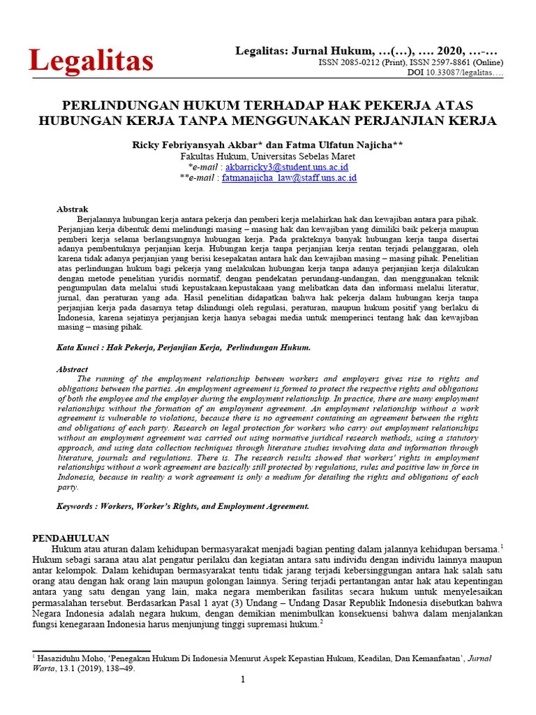 Perlindungan Hukum Terhadap Hak Pekerja Atas Hubungan Kerja Tanpa Menggunakan Perjanjian Kerja ...