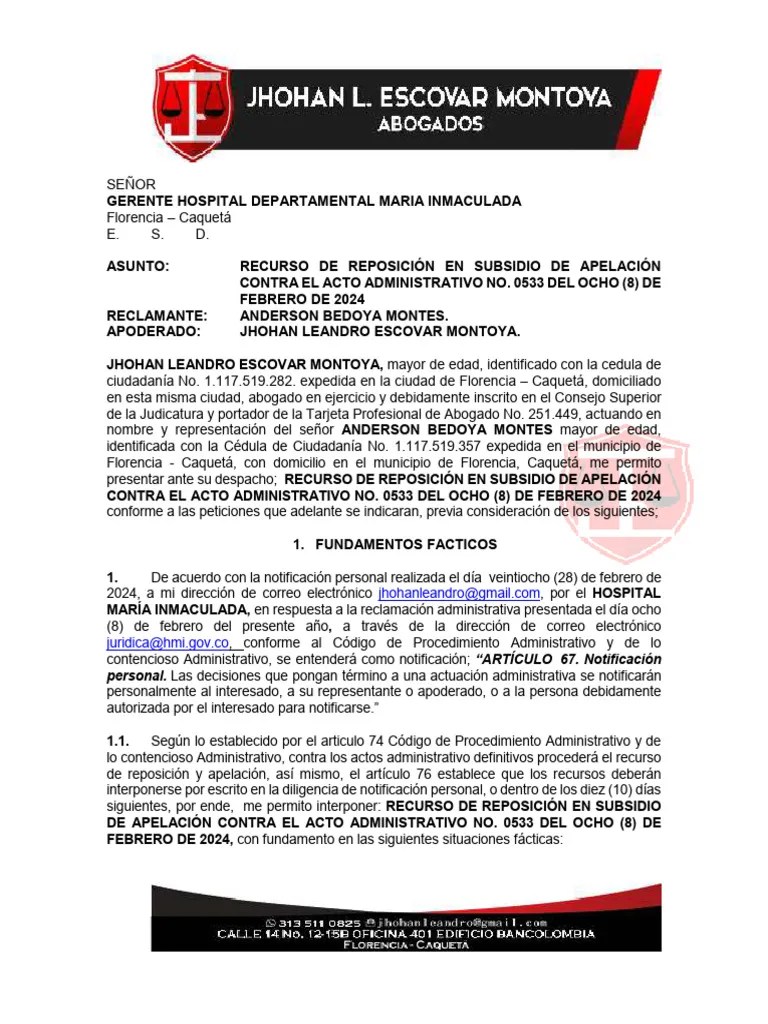 Recurso De Reposicion En Subsidio De Apelacion - Anderson Bedoya | PDF | Salario | Hospital