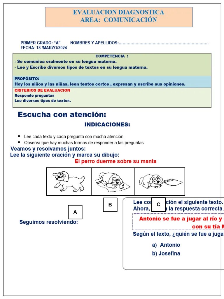 Evaluacion Diagnostica Comunicacion Primer Grado A | PDF