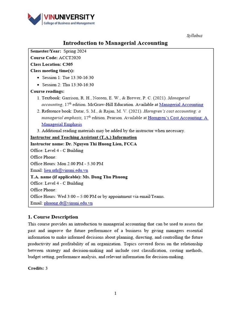 ACCT2020 - Managerial Accounting Syllabus - Spring 2024 | PDF | Plagiarism | Lecture