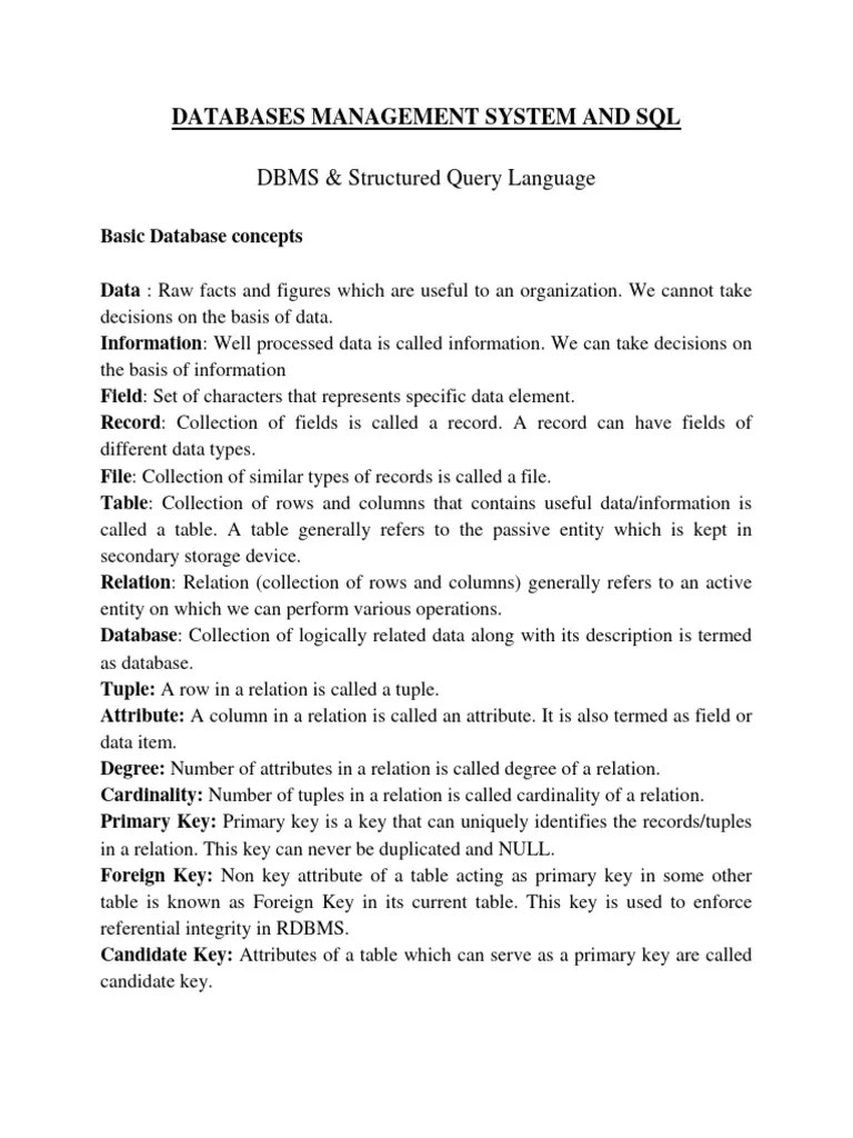 Class 12:DATABASES MANAGEMENT SYSTEM AND SQL | Download Free PDF ...