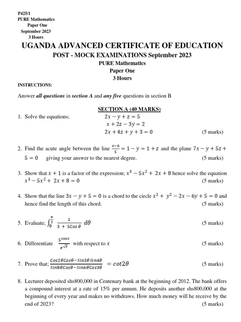 Seeta High School Post - 2023 S.6 Pure Mathematics Paper 1 | PDF | Circle | Mathematical Objects