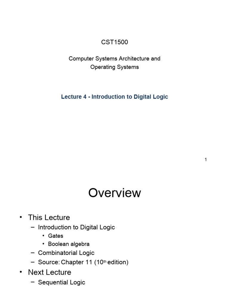 Lecture04-Introduction To Logic | PDF | Logic Gate | Boolean Algebra