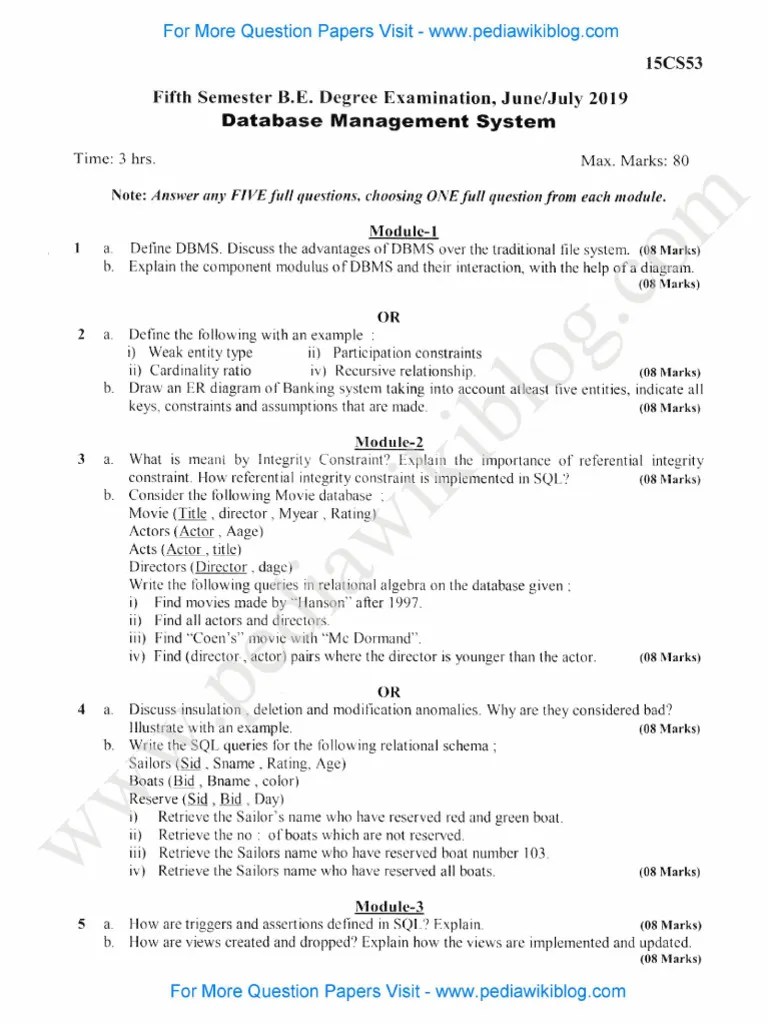 Database Management System July 2019 2015 Scheme Pdf