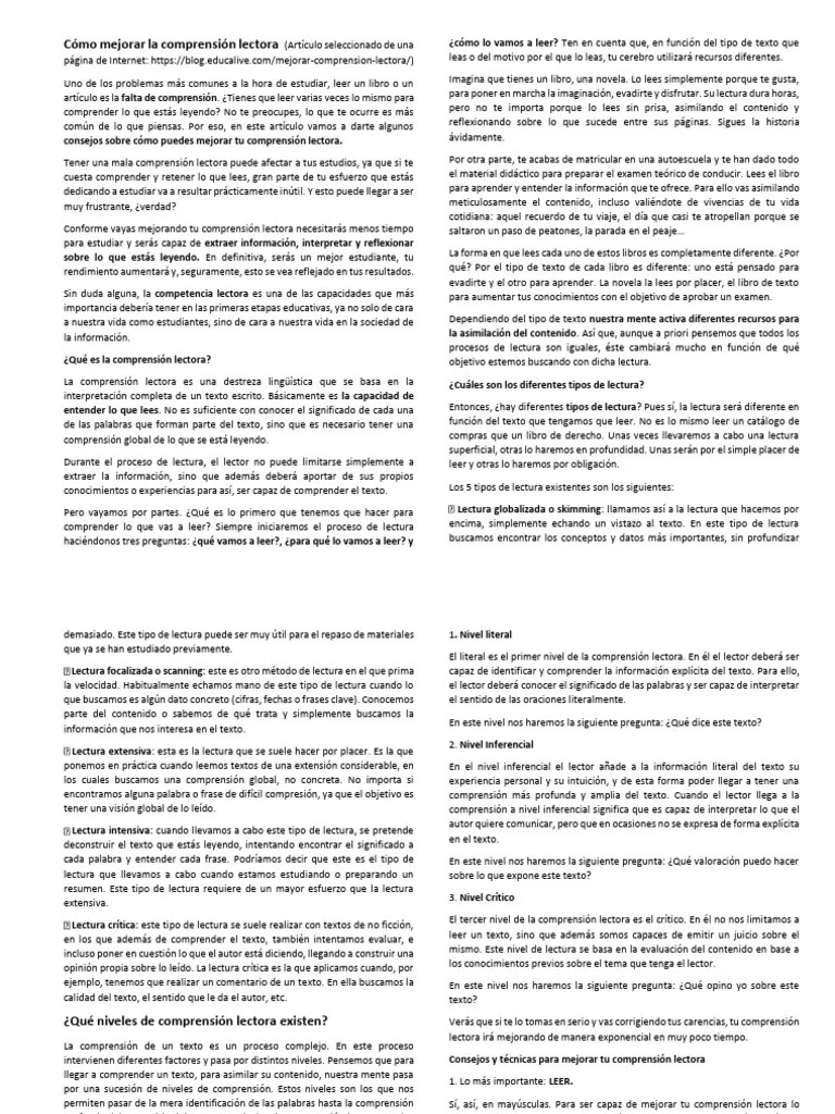 Cómo Mejorar La Comprensión Lectora 2do Unidad 1 | PDF | Comprensión Lectora | Ciencia Cognitiva