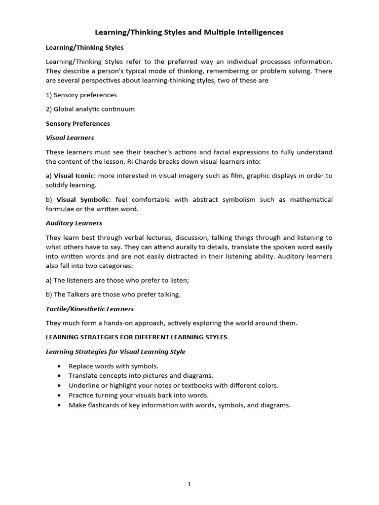 Learning Thinking Styles And Multiple Intelligences | PDF | Learning ...