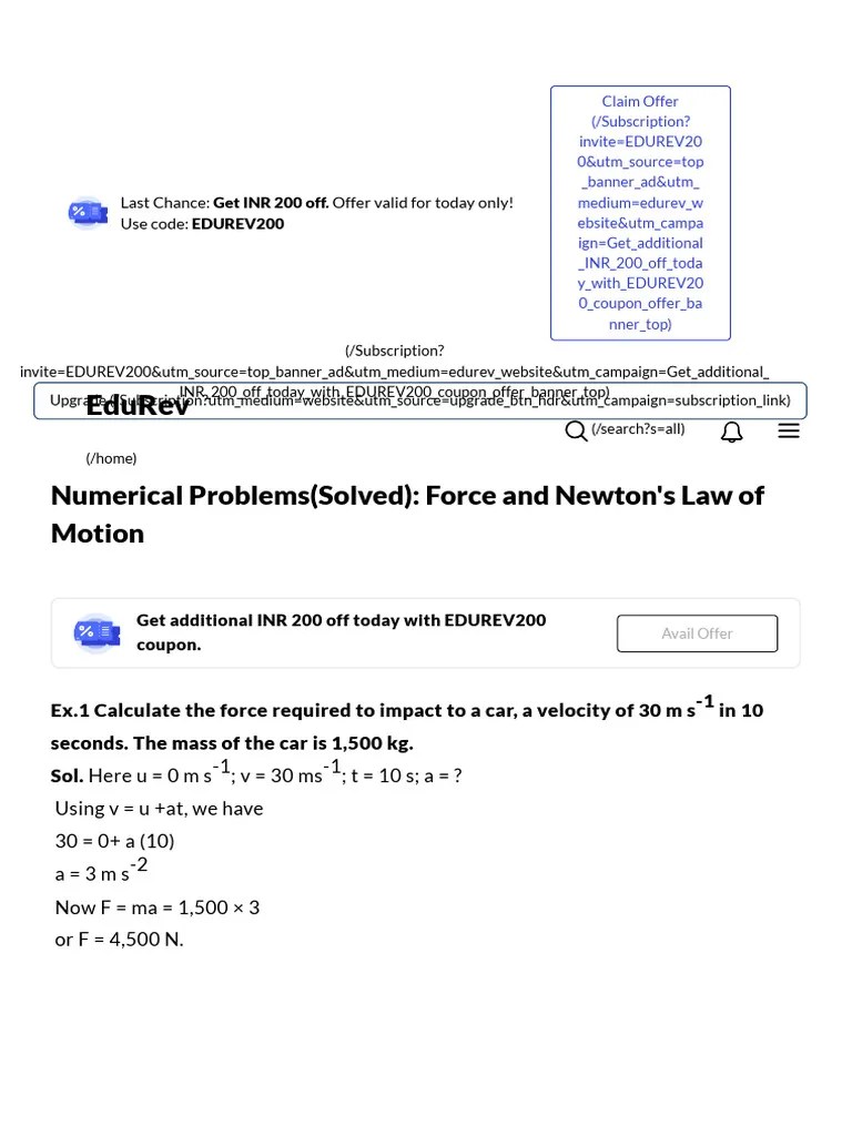 Numerical Problems (Solved) - Force And Newton's Law Of Motion ...