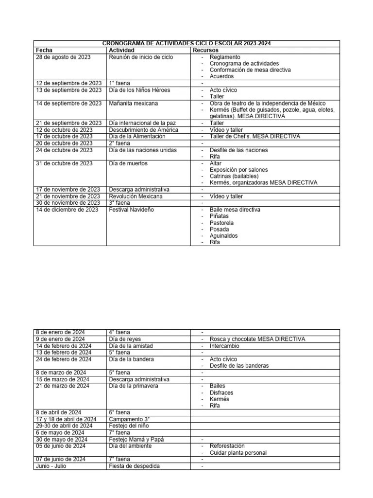 Cronograma De Actividades Ciclo Escolar 2023-2024 | PDF | Observancias