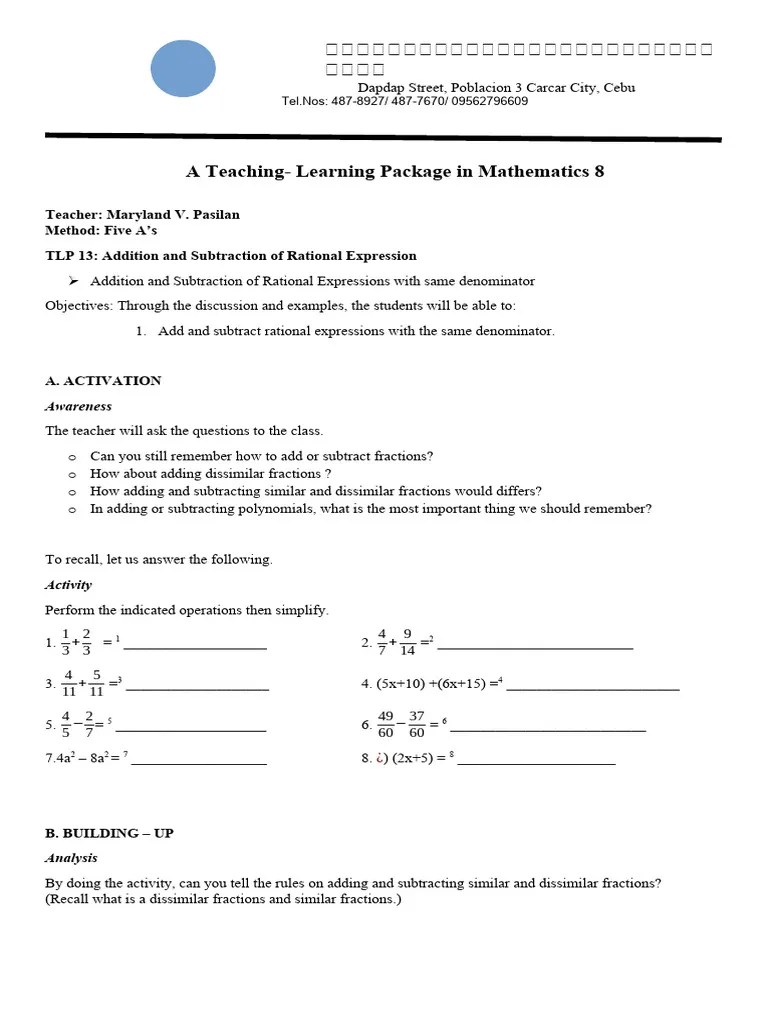TLP 13 Addition And Subtraction Of Rational Expression | PDF | Rational Number | Subtraction