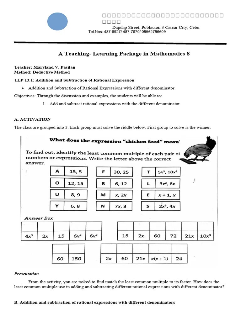 TLP 13.1 Addition And Subtraction Of Rational Expressions With Different Denominator | PDF ...