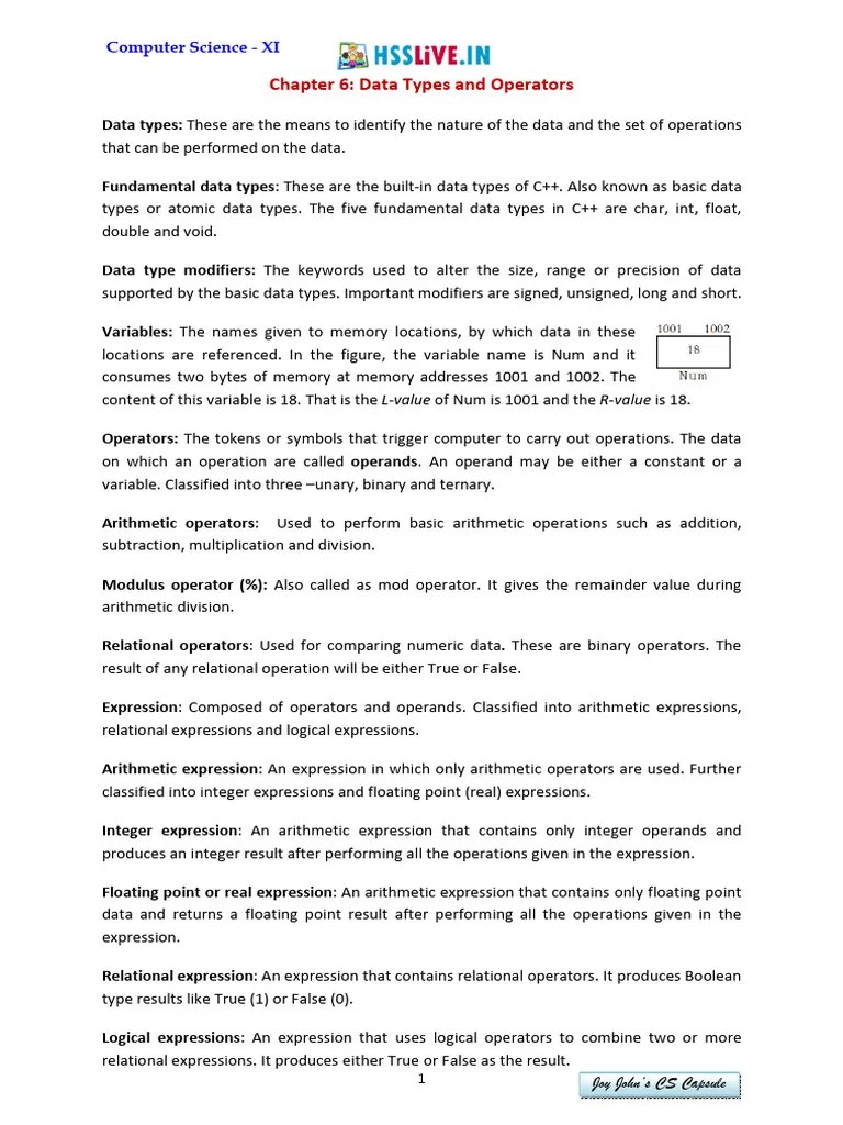 Hsslive XI CS Chap6 Data Types And Operators | PDF | Data Type | Arithmetic