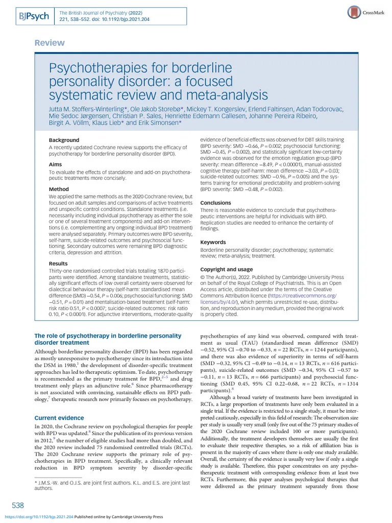 Psychotherapies For Borderline Personality Disorder A Focused ...