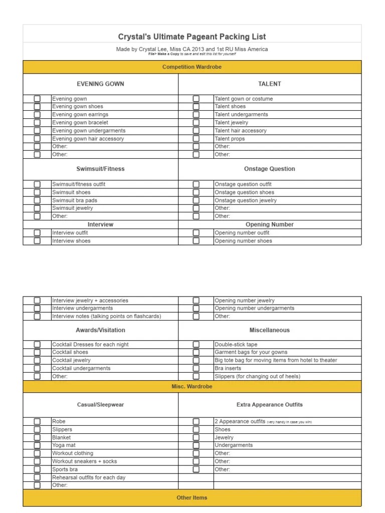 Crystal's Ultimate Pageant Packing List - Google Sheets | PDF ...