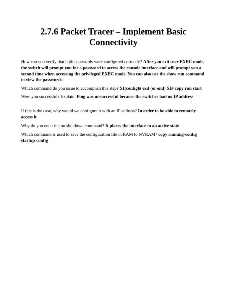 2.7.6 Packet Tracer - Implement Basic Connectivity | PDF