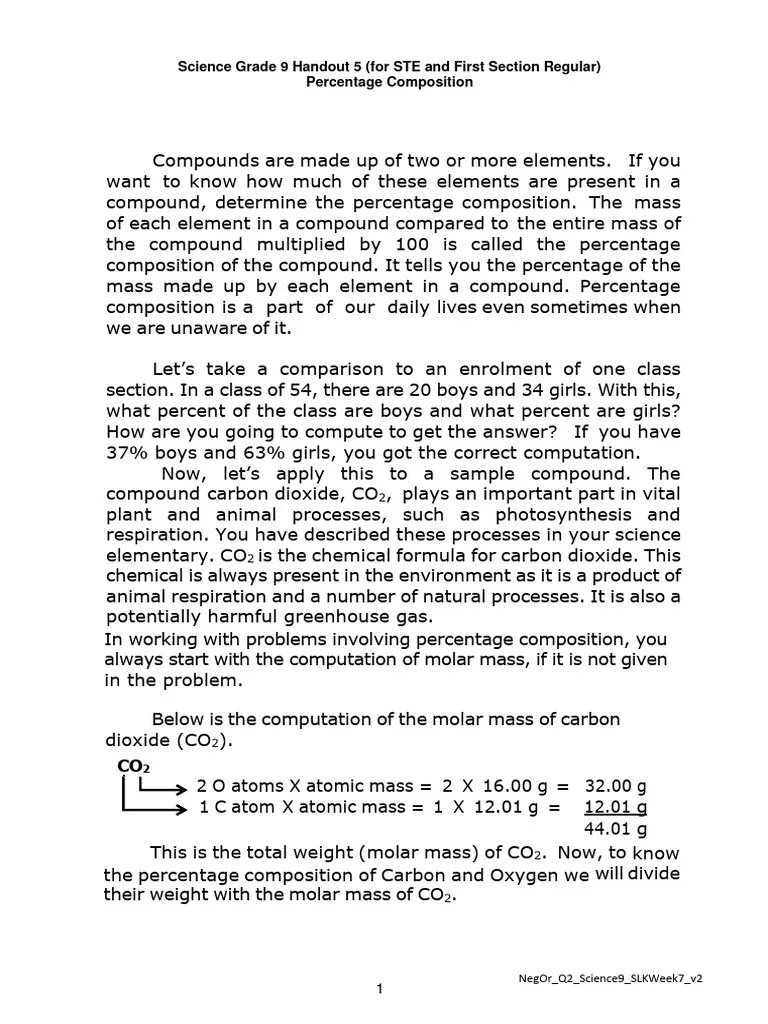 Science-Grade-9-Handout-5-Percentage Composition | PDF | Mole (Unit) | Salt