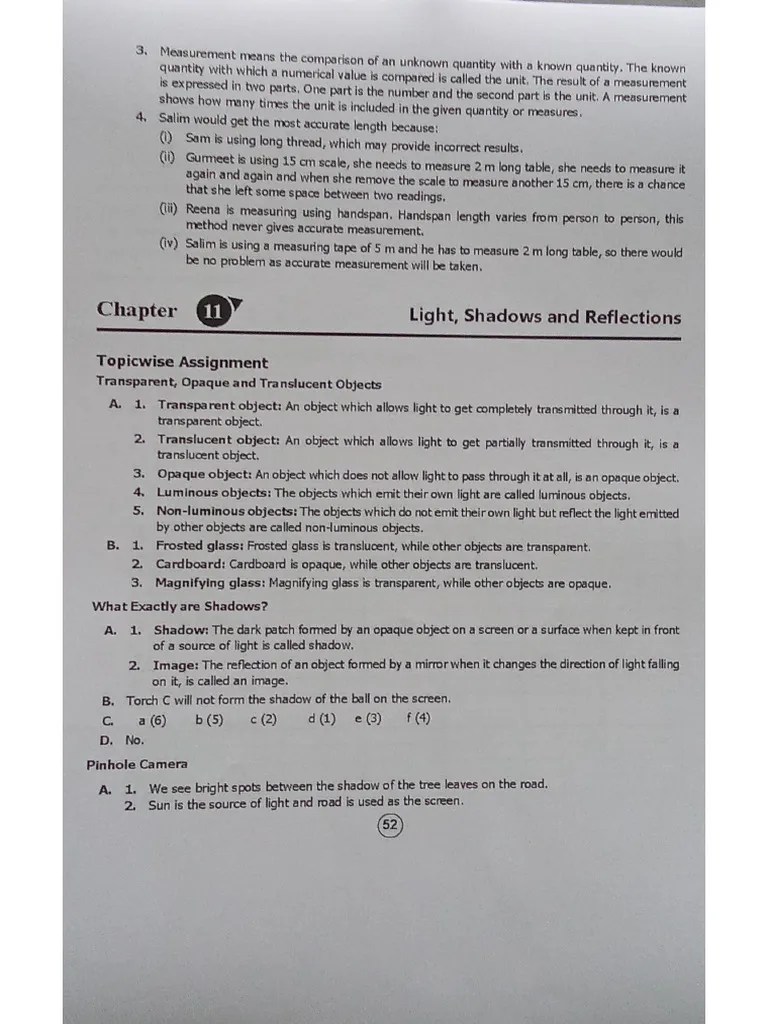 Light,Shadows & Reflection Class6 | PDF