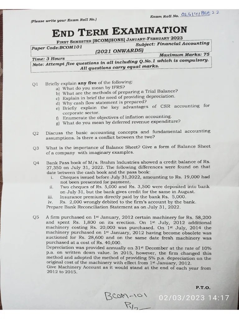 Bcom First Semester Last Year University Question Paper | PDF