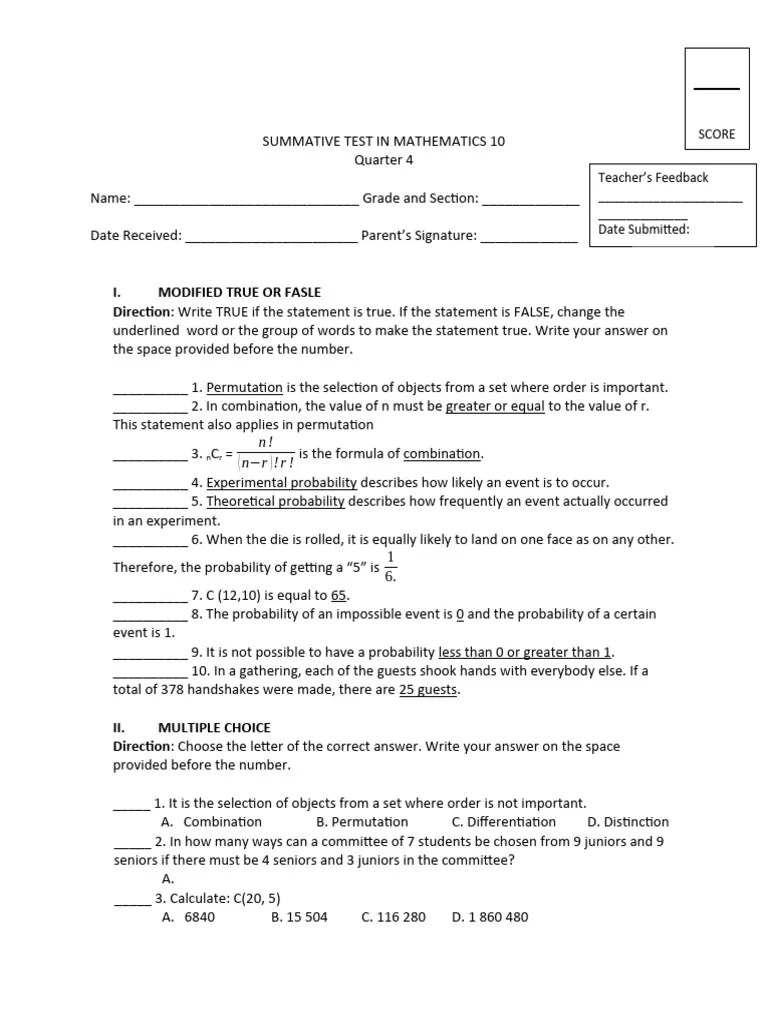 Summative Test In 4th Quarter | Download Free PDF | Sampling (Statistics) | Probability