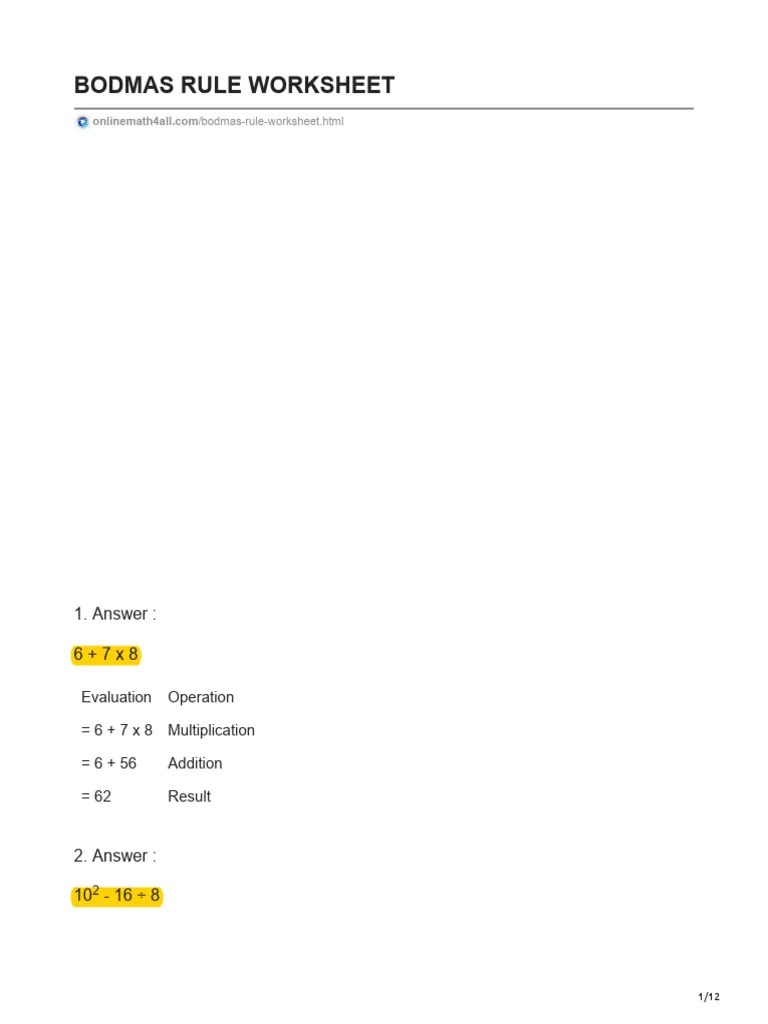 Bodmas rule worksheet