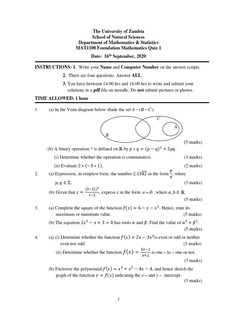 MAT 1100 Quiz 1 - 2020 | PDF