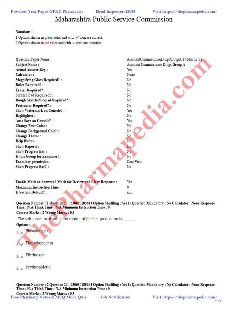 Assistant Commissioner Drugs Exam Paper 2023 Food Drugs - MPSC - Maharastra Pharmapedia | PDF ...