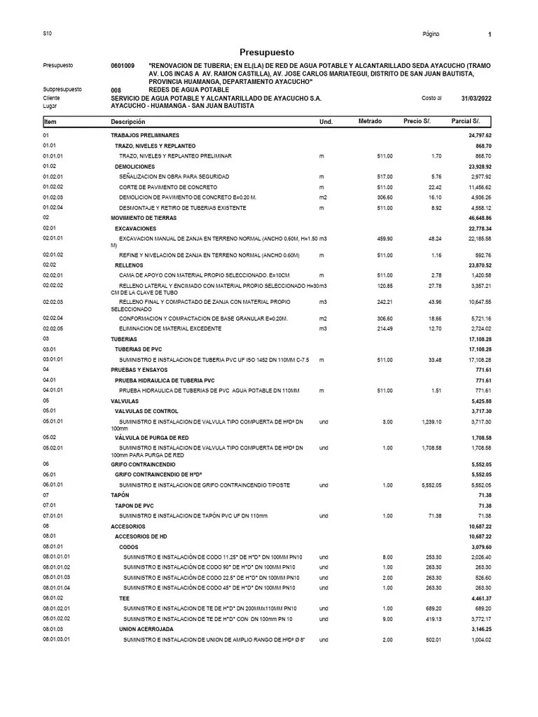 Presupuesto Agua Potable | PDF | Saneamiento | Ciencia Medioambiental