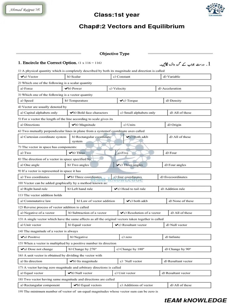 Solved Chap 2 1st Year Physics MCQs | PDF | Torque | Euclidean Vector