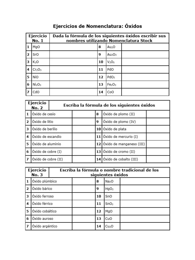Ejercicios Nomenclatura 1 Óxidos | Descargar Gratis PDF | Óxido | Metales De Transición