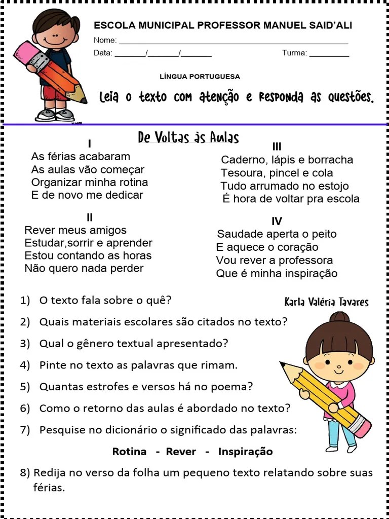 Volta Às Aulas Atividade Com Interpretação De Texto | PDF | Artes ...