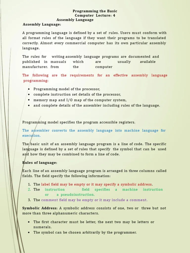 Comp201TH Unit 3 Lecture 4 Assembly Language | PDF | Assembly Language ...