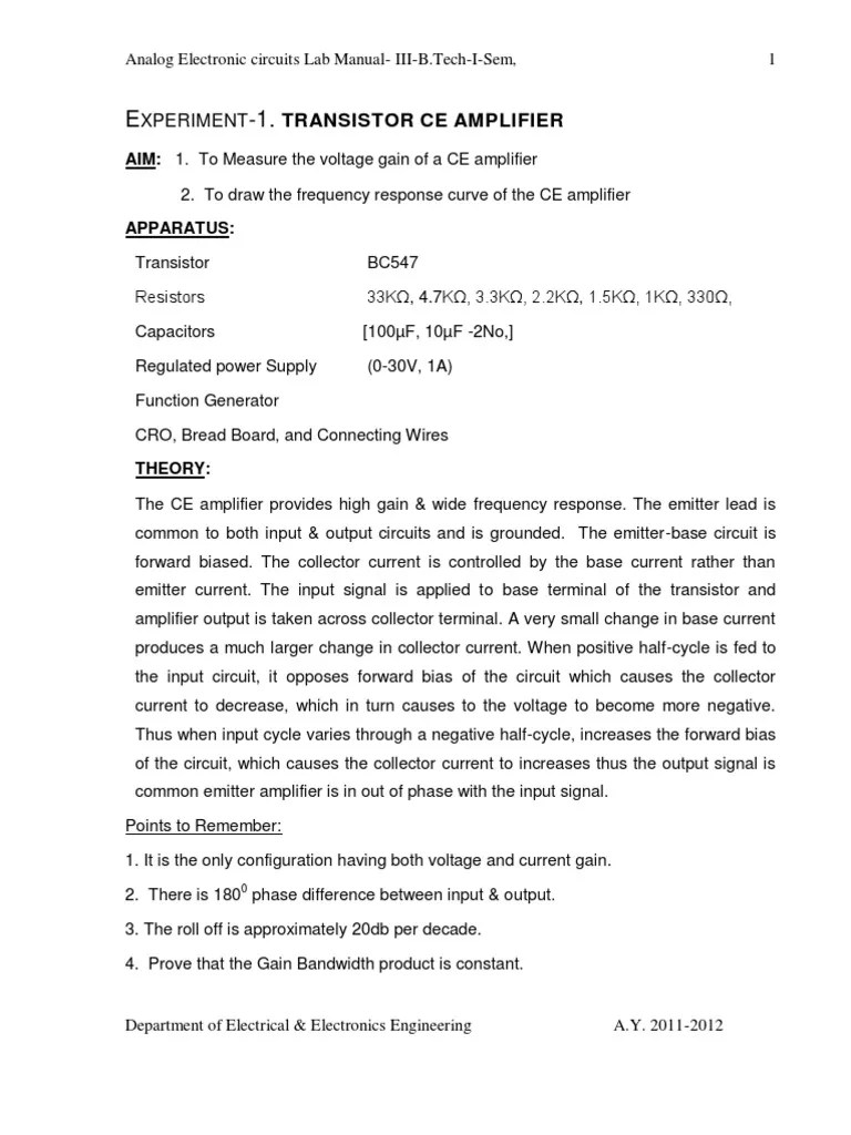 Aec Lab Manual Pdf Amplifier Electronic Circuits
