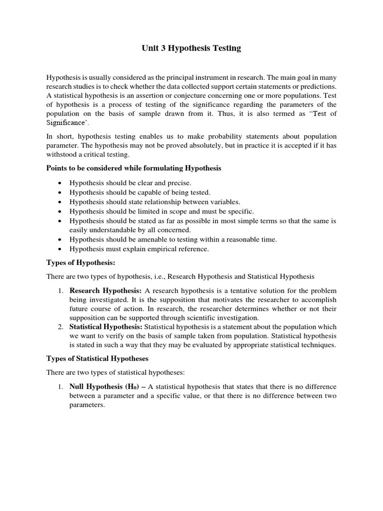 Unit 3 _Hypothesis Testing | PDF | Statistical Hypothesis Testing ...