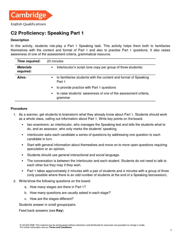 Cambridge English C2 Proficiency Speaking Part 1 | PDF | Question ...