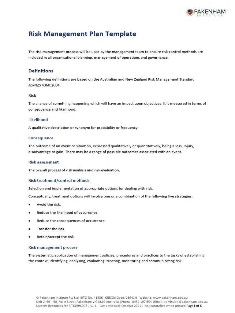 SITXWHS007 Risk Management Plan Template (6506) | Download Free PDF ...