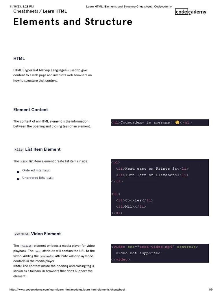 Learn HTML - Elements And Structure Cheatsheet - Codecademy | PDF ...