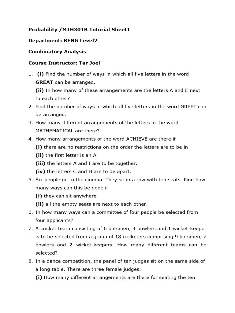 Combinatory Analysis Tutorialsheet STD | PDF | Cricket | Ball And Bat Games