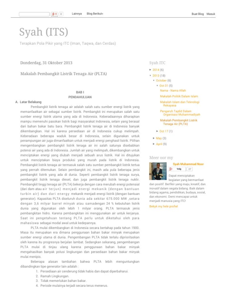 Makalah Pembangkit Listrik Tenaga Air (PLTA) | PDF