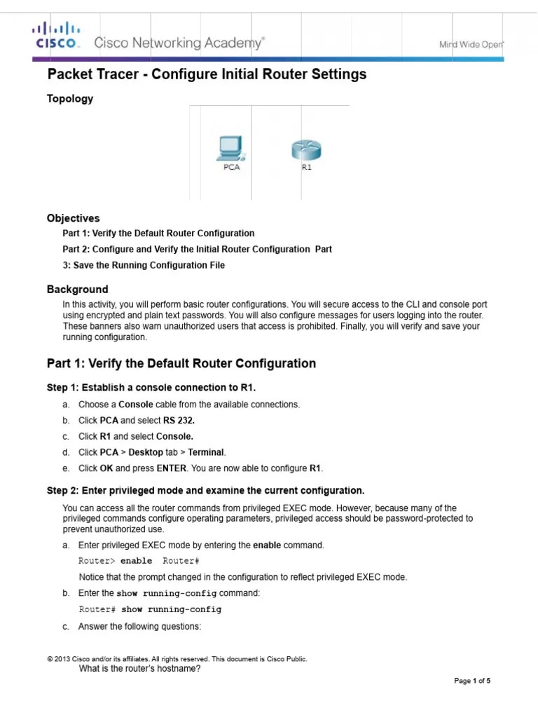 6.4.1.2 Packet Tracer - Configure Initial Router Settings | PDF ...