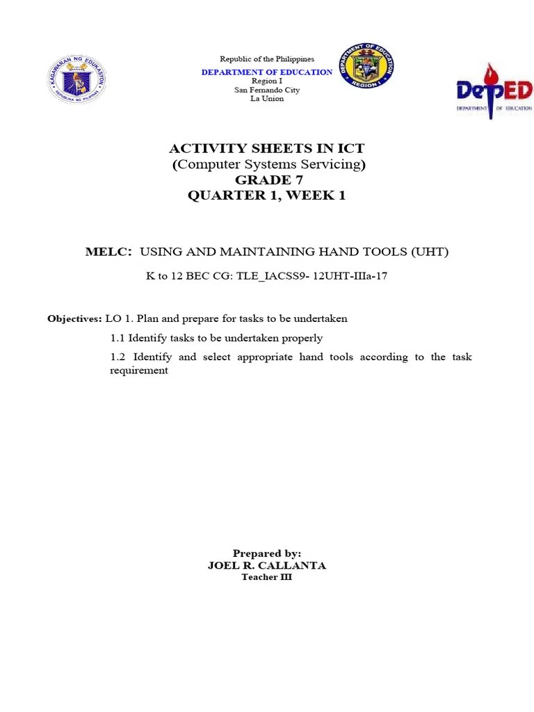 Activity Sheets In Ict Computer Systems Servicing Grade 7 Quarter 1 ...