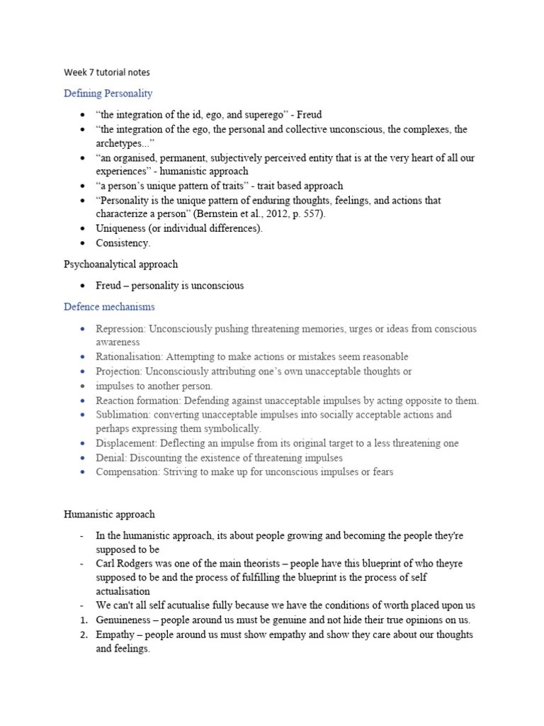 Week 7 Tutorial Notes | PDF | Id | Unconscious Mind