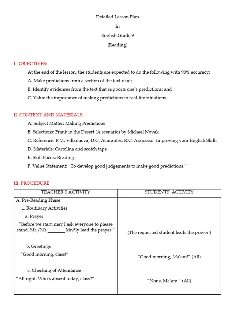 Detailed Lesson Plan (Reading) | PDF | Schema (Psychology) | Lesson Plan