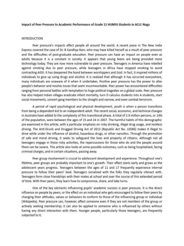 Impact Of Peer Pressure To Academic Performance Of Grade 11 HUMSS ...