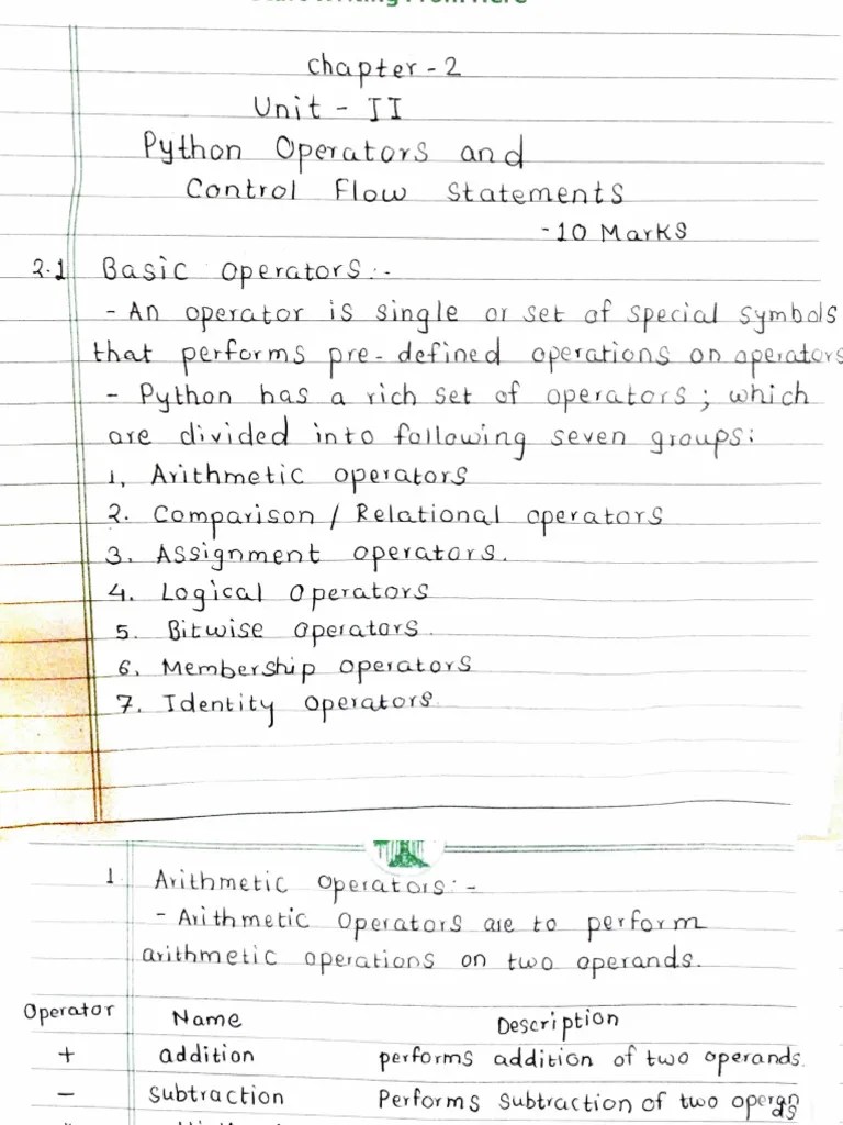Unit 2 Notes Python Operators And Control Flow Statements Part 1 | PDF ...