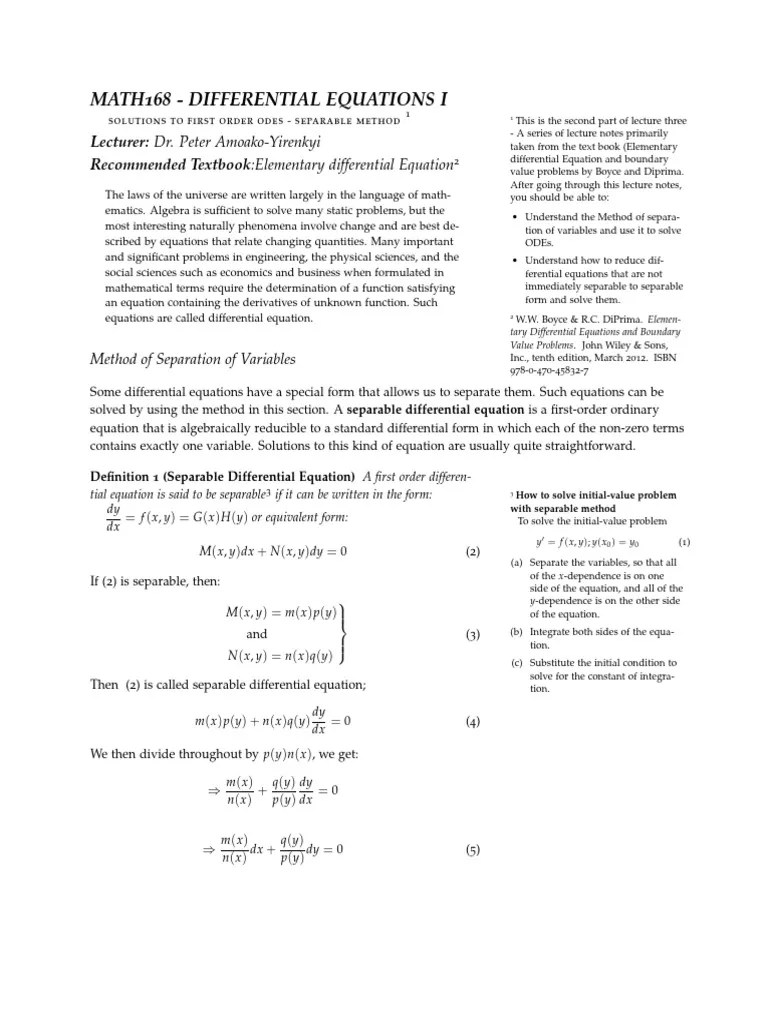 3.1.Solutions-First Order ODEs-Separable Method | PDF | Ordinary Differential Equation | Equations