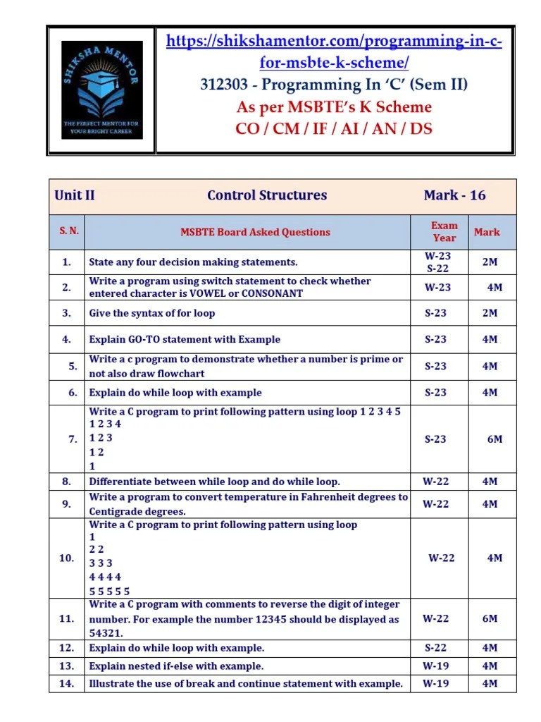 UNIT-–-II-Control-Structures-16-marks | PDF | Computer Programming ...