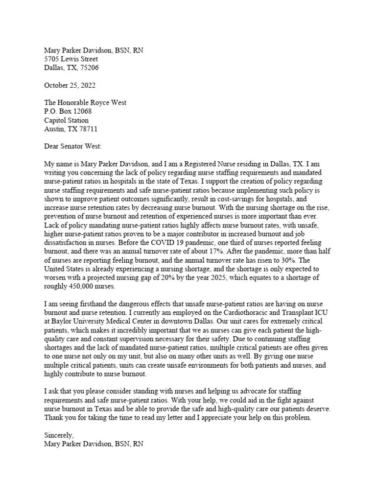 Letter To A Legislator | PDF | Nursing | Health Sciences