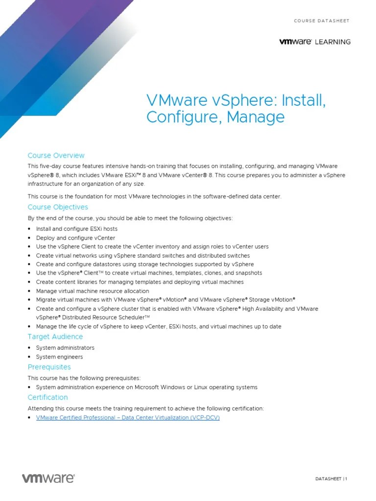 EDU - DATASHEET VMware Vsphere Install Configure Manage V8 | PDF | Virtual Machine | Virtualization