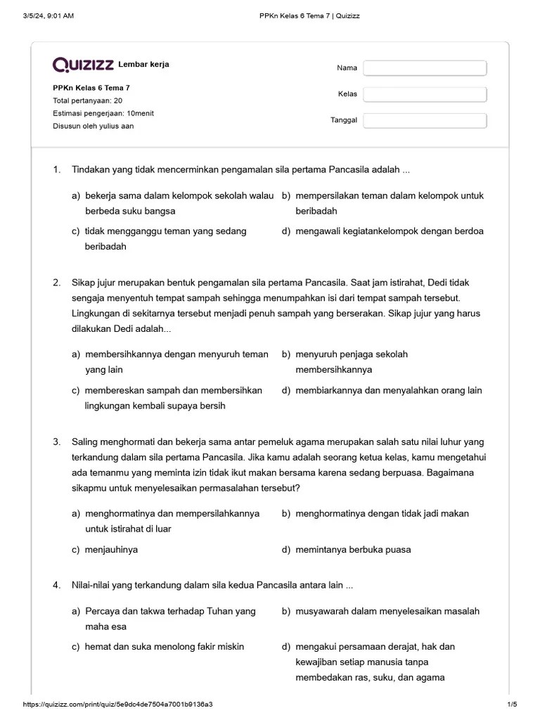 PPKN Kelas 6 Tema 7 - Quizizz | PDF
