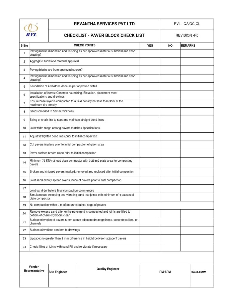 Paver Block Check List | PDF | Structural Engineering | Building Materials